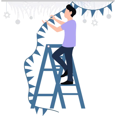 Boy decorating with bunting  Illustration