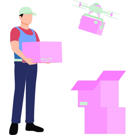Boy delivering cartons by drone  Illustration