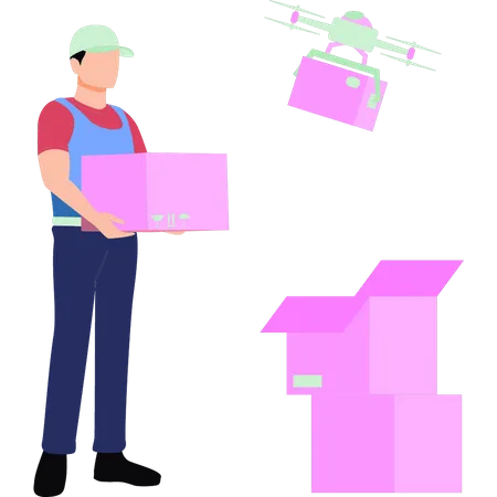 Boy delivering cartons by drone  イラスト