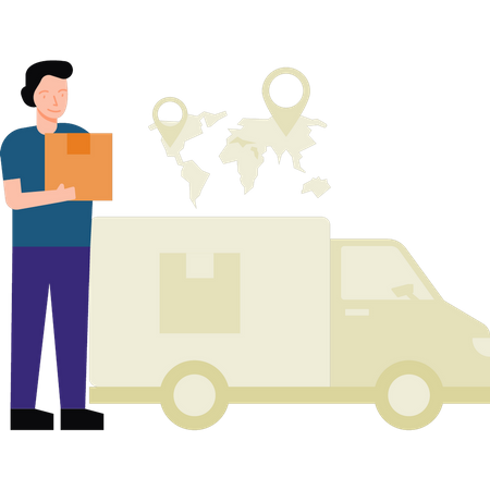 Boy delivering package by truck Illustration