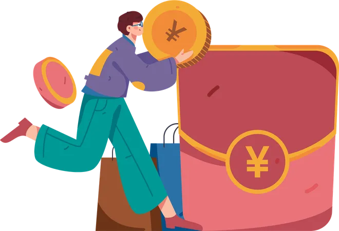 Boy depositing Yen coin  Illustration