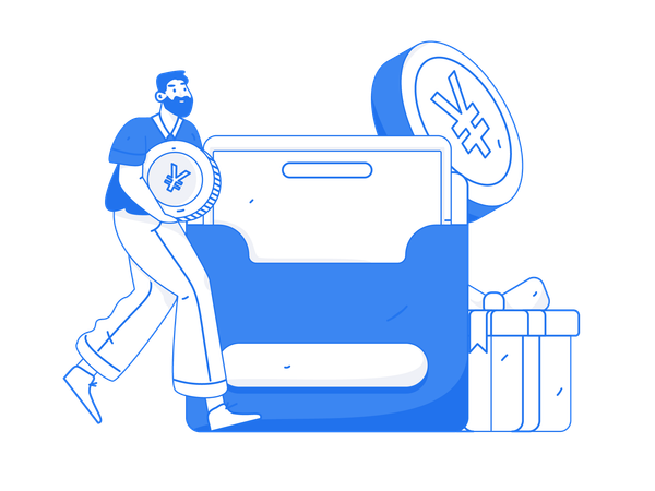 Boy depositing Yen coin in wallet  Illustration