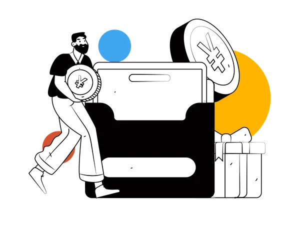 Boy depositing Yen coin in wallet  Illustration