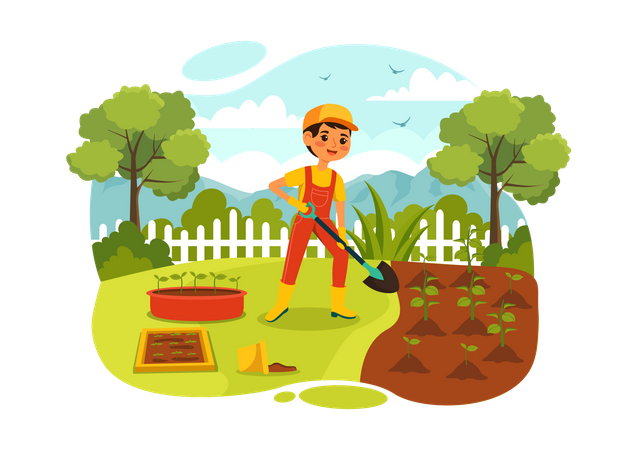 Boy digging in farm  Illustration