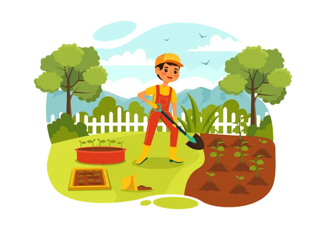 Boy digging in farm  Illustration