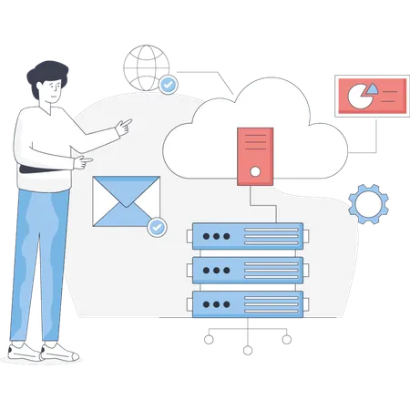 Boy  discuss about cloud database  Illustration