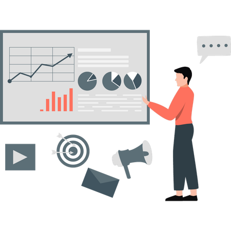 Boy discussing marketing pie chart  Illustration