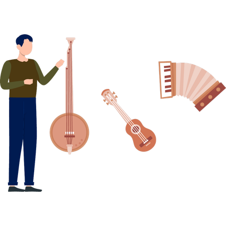 Boy discussing musical banjo  Illustration