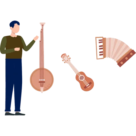 Boy discussing musical banjo  Illustration