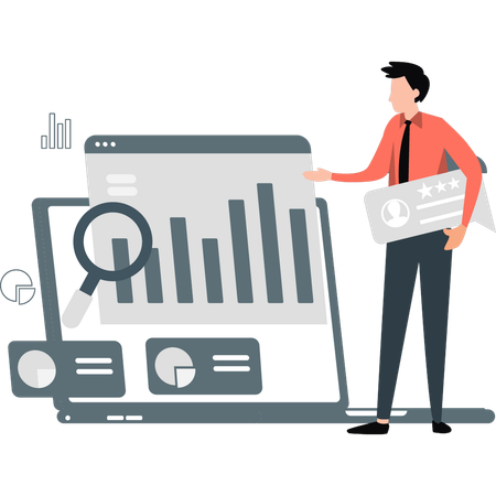 Boy displaying geographic chart on laptop  Illustration