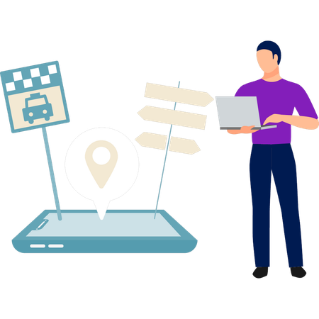 Boy displays digital navigation map  Illustration