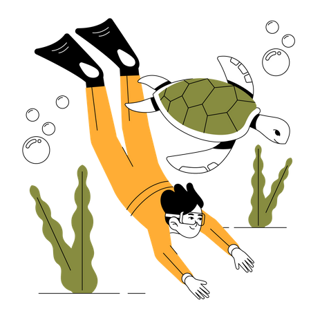 Boy diving into the deep sea with turtle  Illustration