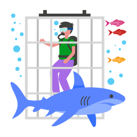 Boy diving with Shark  Illustration