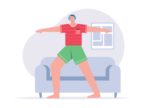 Boy do exercise at home while wearing headphones  Illustration