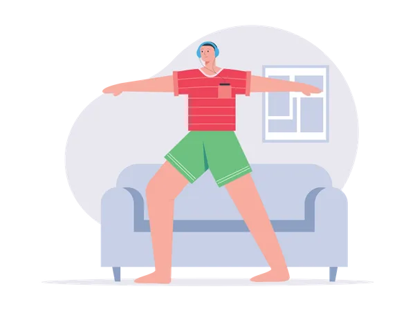 Boy do exercise at home while wearing headphones  Illustration