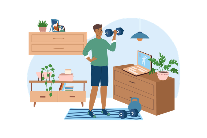 Boy do physical exercises with dumbbells in his room  Illustration