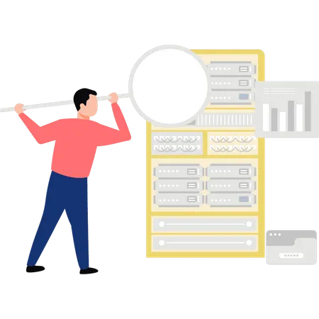Boy doing a magnifying search for a storage server  Illustration