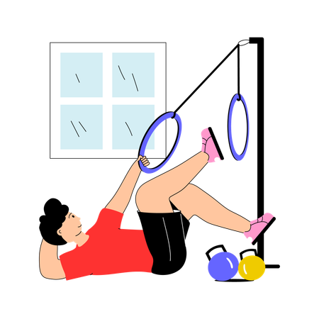 Boy doing abs exercise using gym rings and kettlebells  Illustration