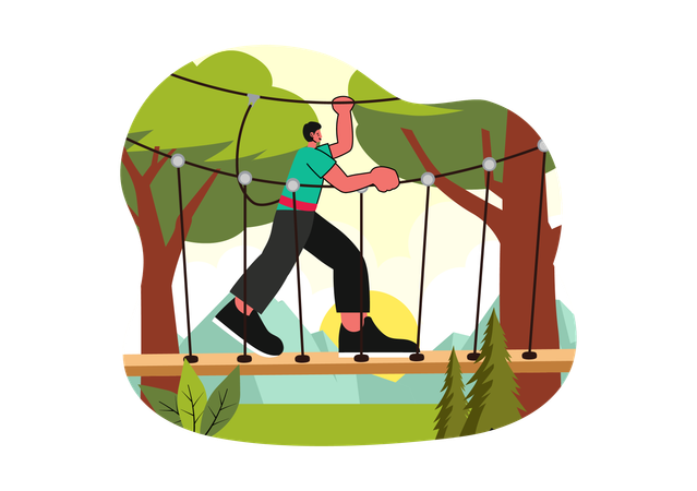 Boy doing Adventure Activity for Climbing Ropes at Height  Illustration