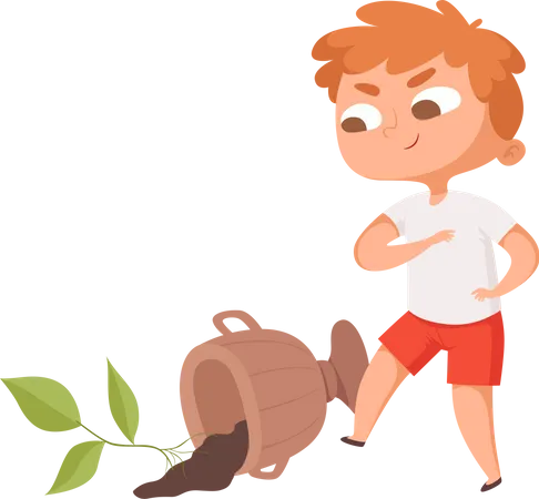 Boy doing bad behavior while pushing pot  Illustration
