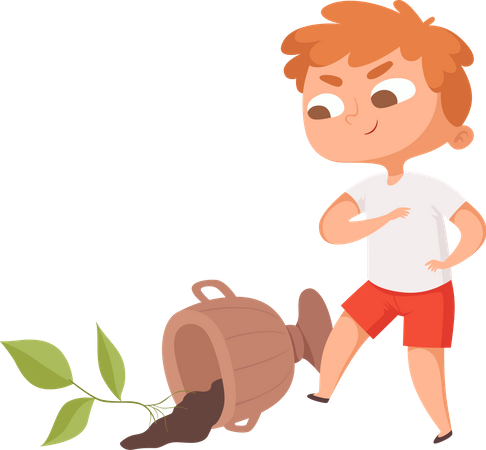 Boy doing bad behavior while pushing pot  Illustration