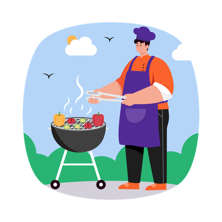 Boy doing BBQ on Picnic  Illustration