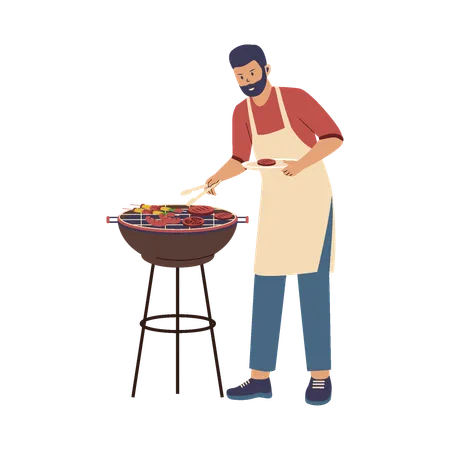 Boy doing BBQ party  Illustration