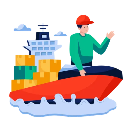 Boy doing boat delivery  Illustration