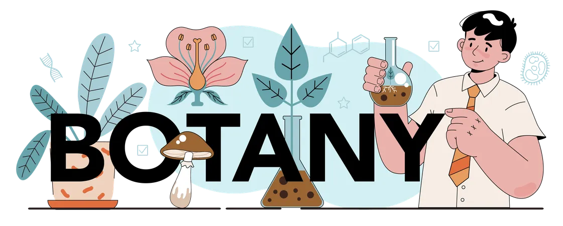 Botany Typographic Header Students Exploring Nature And Plants School Botany Lesson Idea Of Education And Experiment Vector Illustration In Cartoon Style Illustration