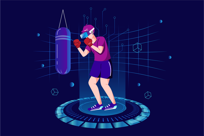 Boy doing boxing practice using VR tech  Illustration