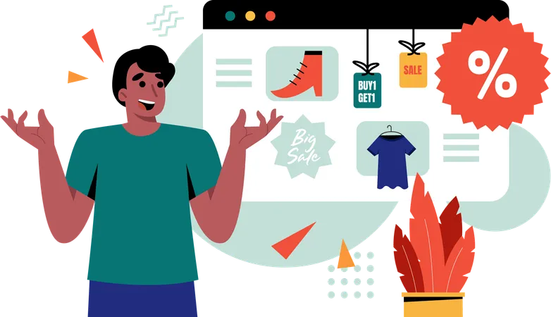 Boy doing buying discounted online goods  Illustration