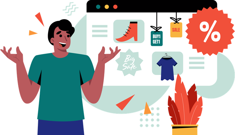 Boy doing buying discounted online goods  Illustration