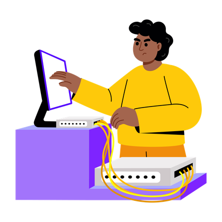 Boy doing cable management  Illustration