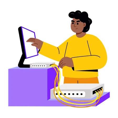 Boy doing cable management  Illustration