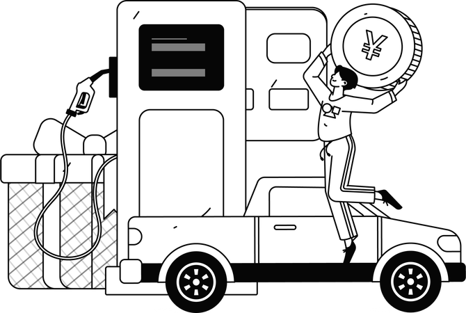 Boy doing cash payment at fuel pump  Illustration