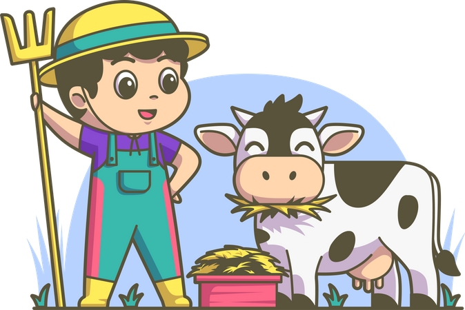 Boy doing cattle farming Illustration
