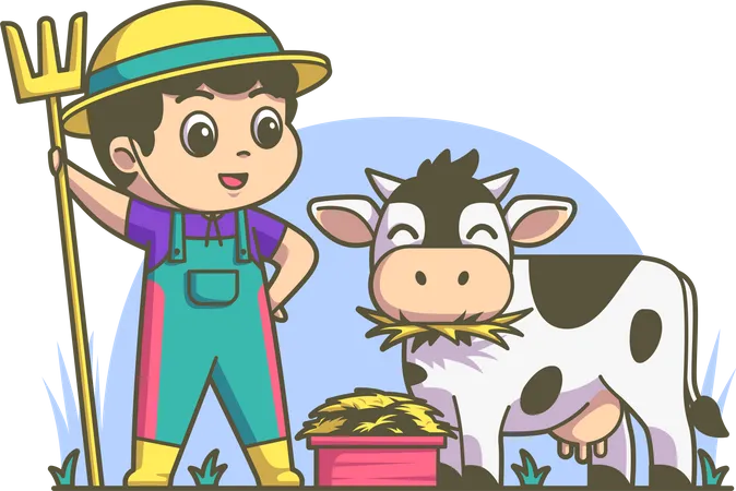 Boy doing cattle farming  Illustration