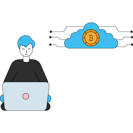 Boy doing cloud Bitcoin mining  Illustration