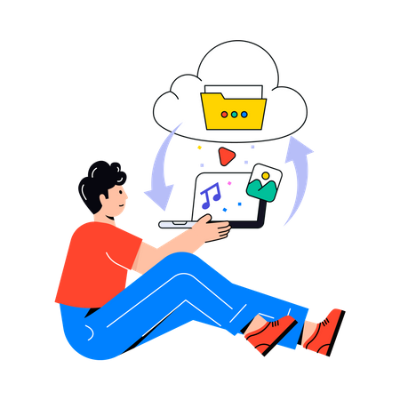 Boy doing Cloud Data Sync  Illustration