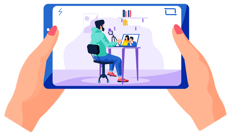 Boy doing Conference video call with friends  Illustration