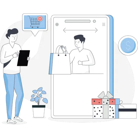 Boy  doing e-commerce shopping  Illustration