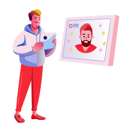 Boy doing face recognition technology  Illustration