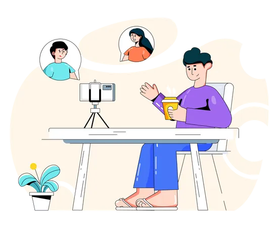 Boy doing group video call with friends  Illustration