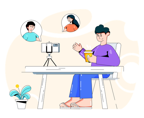 Boy doing group video call with friends  Illustration