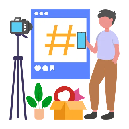 Boy doing Hashtag Promotion  Illustration