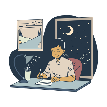Boy doing homework at night  Illustration