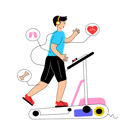 Boy doing indoor running exercise on treadmill  Illustration