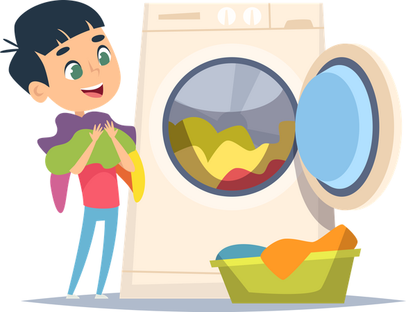 Boy doing laundry  일러스트레이션