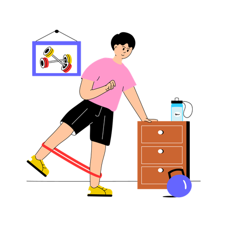 Boy doing leg stretching exercise using resistance band  Illustration