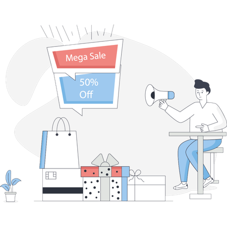 Boy  doing marketing mega sale  Illustration